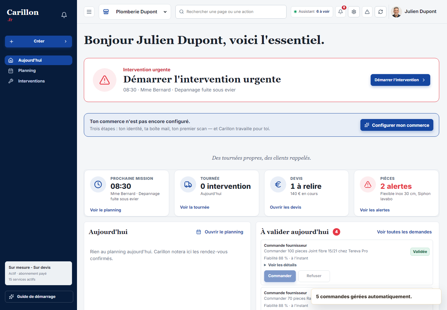 Demande urgente structurée dans CarillonPro pour préparer une intervention de serrurerie.