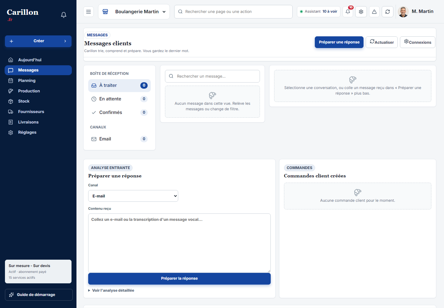Interface CarillonPro regroupant les demandes urgentes et les actions à valider.